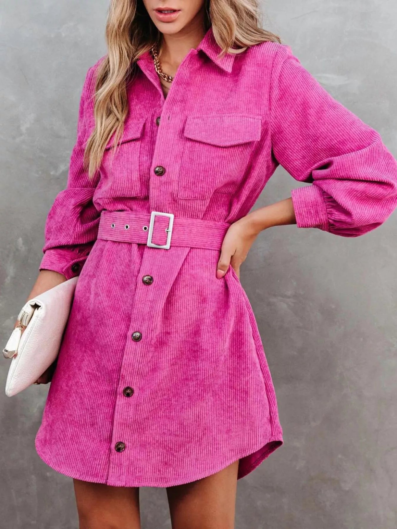 Button Front Belted Corduroy Dress with Pockets