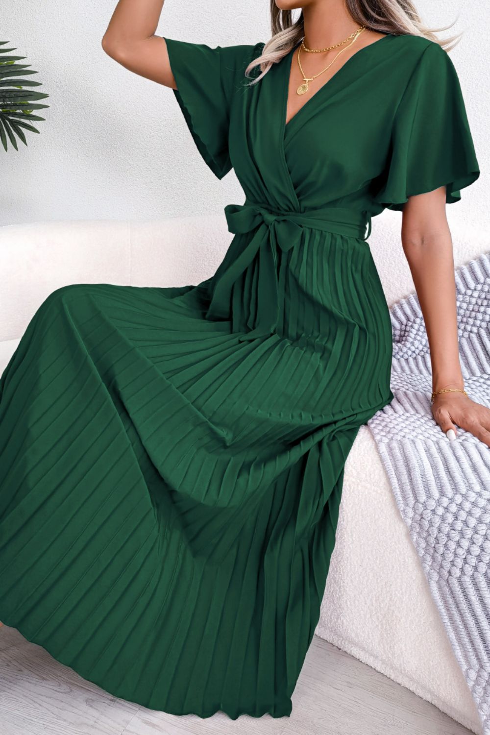 Pleated Flutter Sleeve Midi Dress with Belted Waist