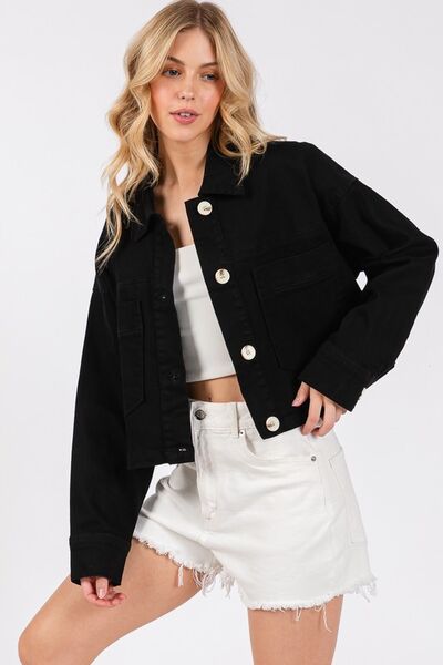 Bytos Cropped Denim Jacket – Button Down with Patch Pockets Black