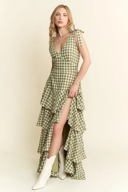 Jade By Jane Gingham Tiered Maxi Dress Olive