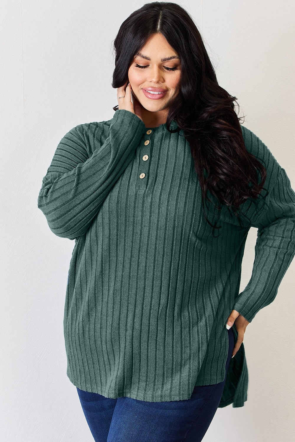 Basic Bae Ribbed Half Button Long Sleeve High-Low T-Shirt