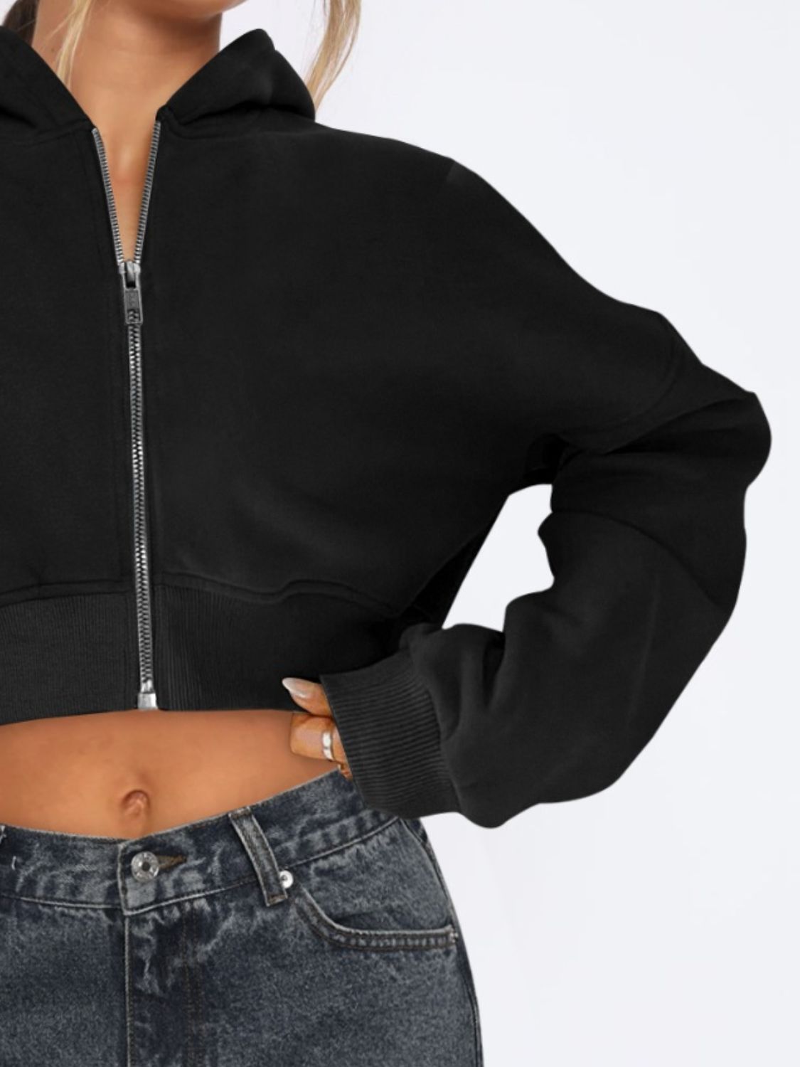 Zip-Up Long Sleeve Hooded Cropped Jacket