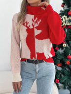 Cozy Christmas Reindeer Ribbed Turtleneck Sweater