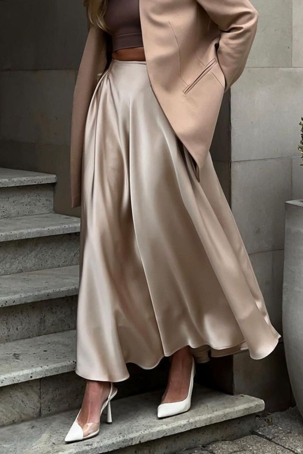 Back Elastic Waist Satin Minx Skirt - Elegant & Flowy Khaki