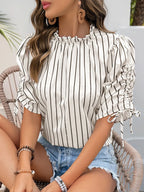 Striped Half Sleeve Blouse with Drawstring & Button Detail