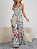 Decorative Button Spaghetti Strap Wide Leg Jumpsuit Floral