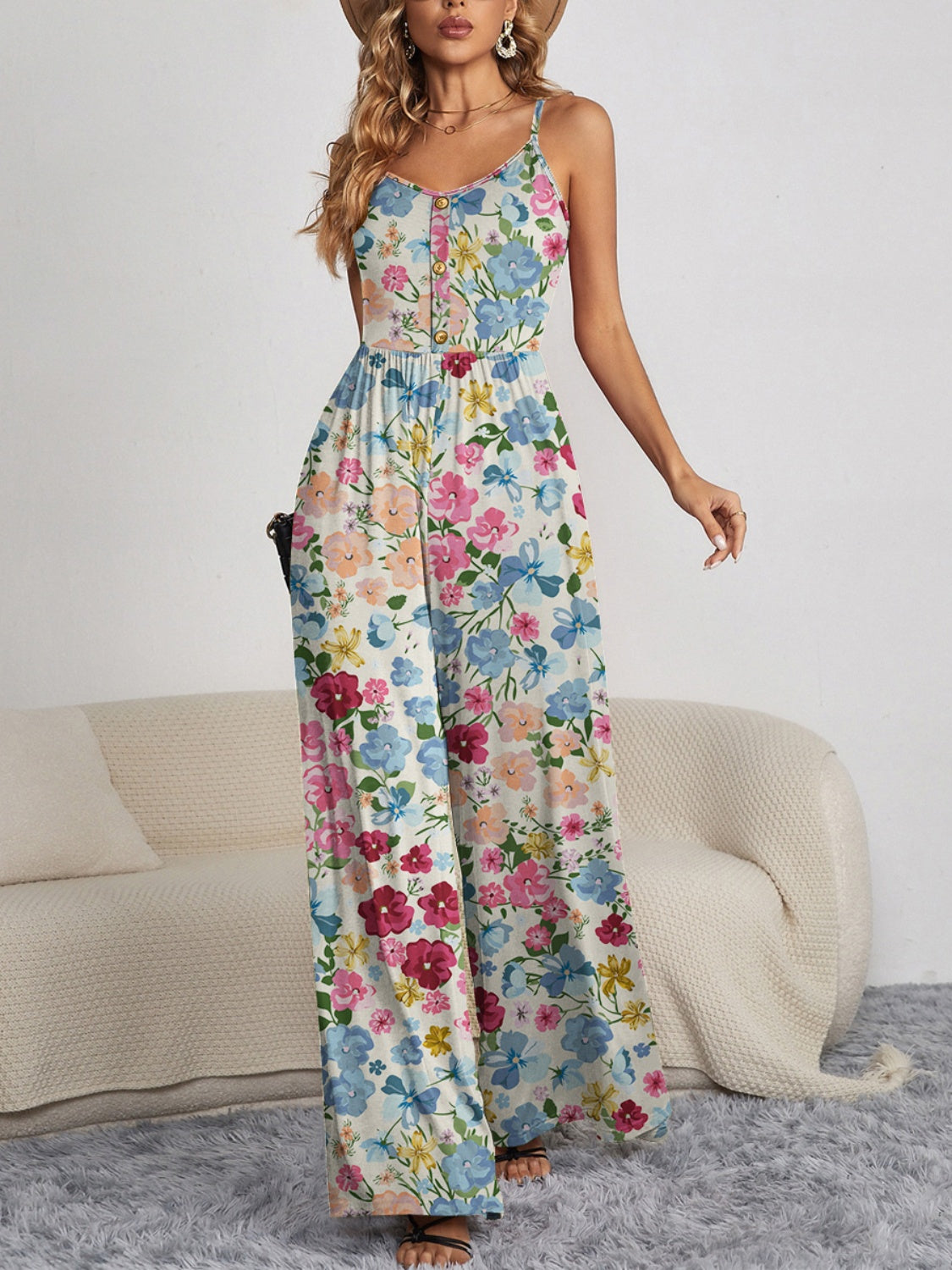 Decorative Button Spaghetti Strap Wide Leg Jumpsuit Floral