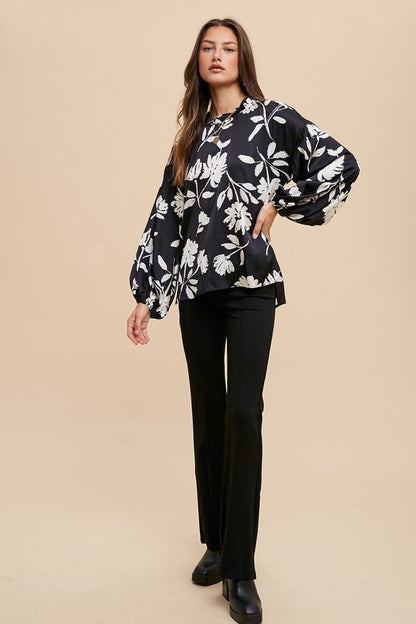 AnnieWear Frill Balloon Sleeve Printed Blouse