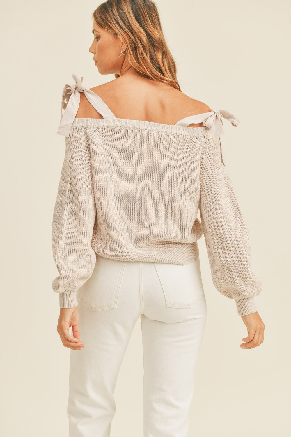 MABLE Off Shoulder Self-Tie Strap Button Down Sweater