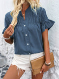 Button Down Ruffled Short Sleeve Shirt - Chic & Elegant Dusty Blue