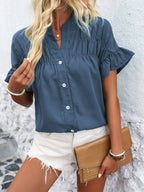 Button Down Ruffled Short Sleeve Shirt - Chic & Elegant Dusty Blue