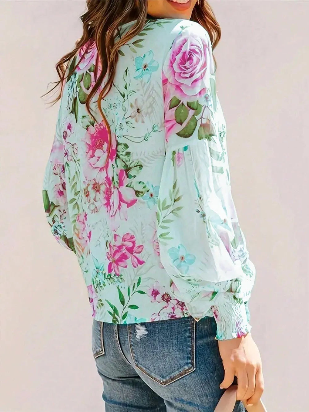 Elegra Smocked Round Neck Lantern Sleeve Printed Blouse