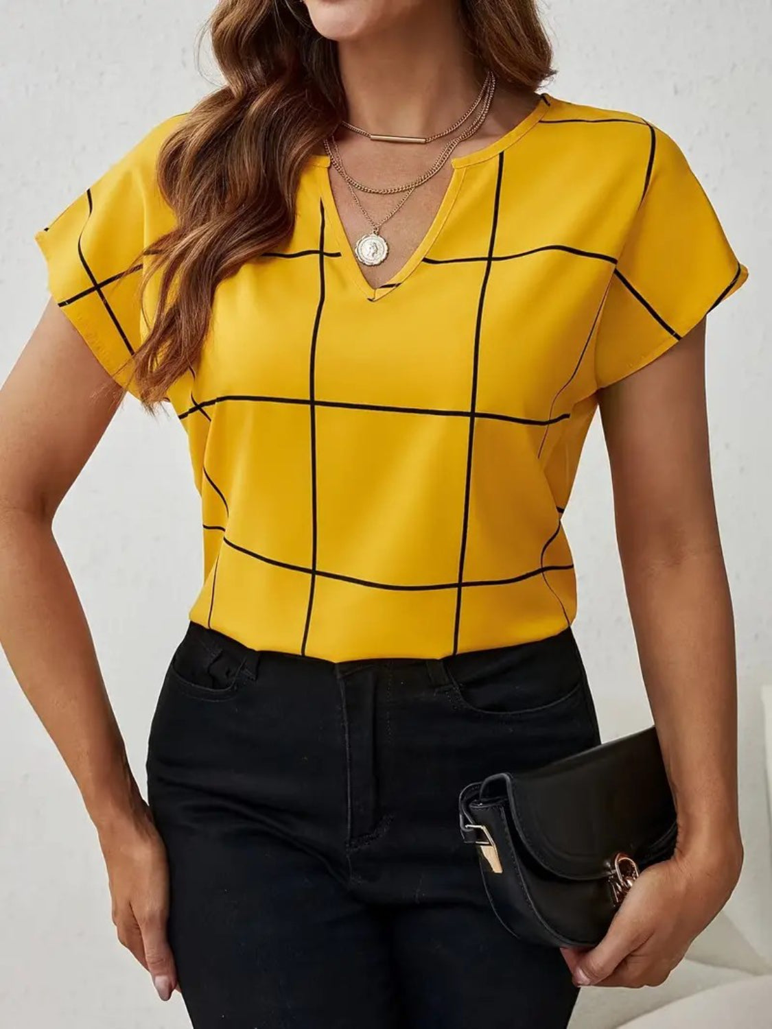 Plaid Contrast Notched Blouse - Stylish & Chic Gold