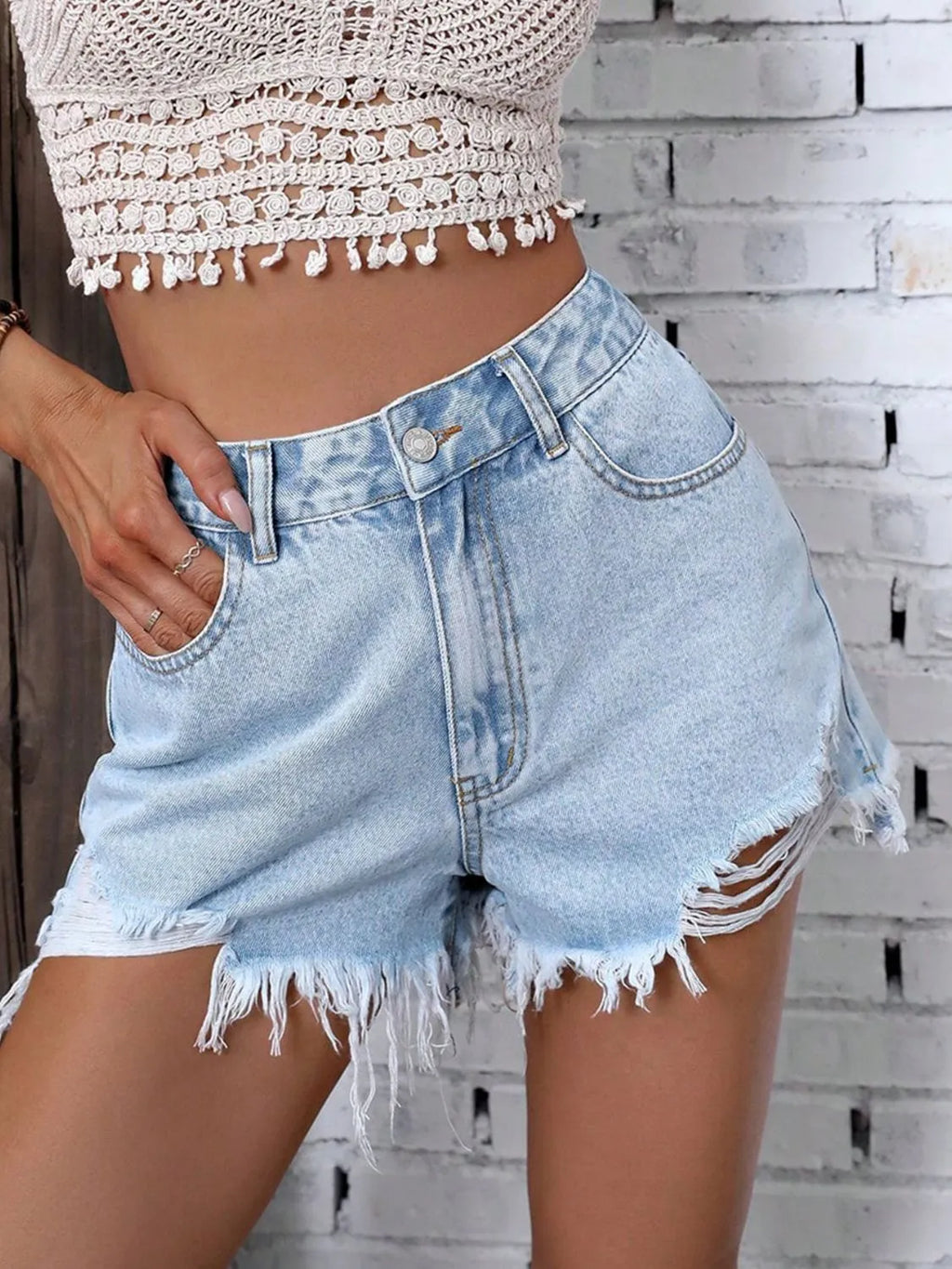 Raw Hem Buttoned Denim Shorts - No Stretch