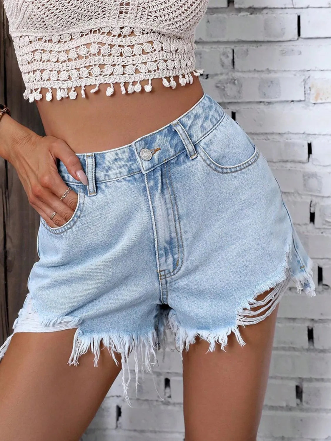 Raw Hem Buttoned Denim Shorts - No Stretch