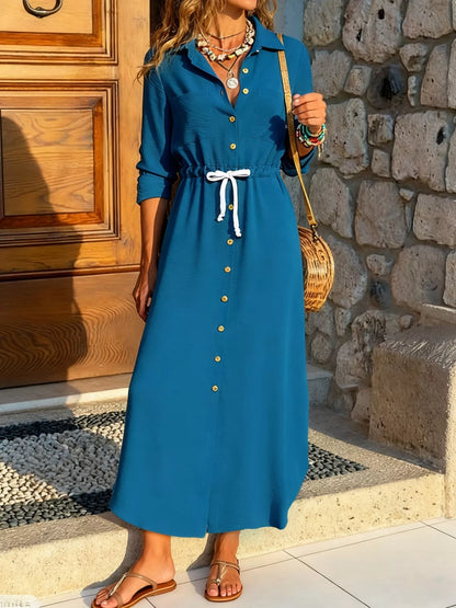 Classic Button-Down Long Sleeve Maxi Dress with Pockets