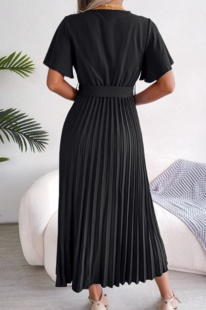 Pleated Flutter Sleeve Midi Dress with Belted Waist