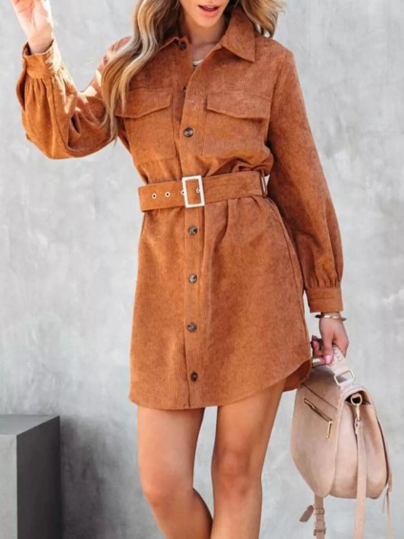 Button Front Belted Corduroy Dress with Pockets