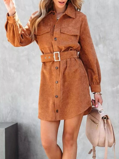 Button Front Belted Corduroy Dress with Pockets