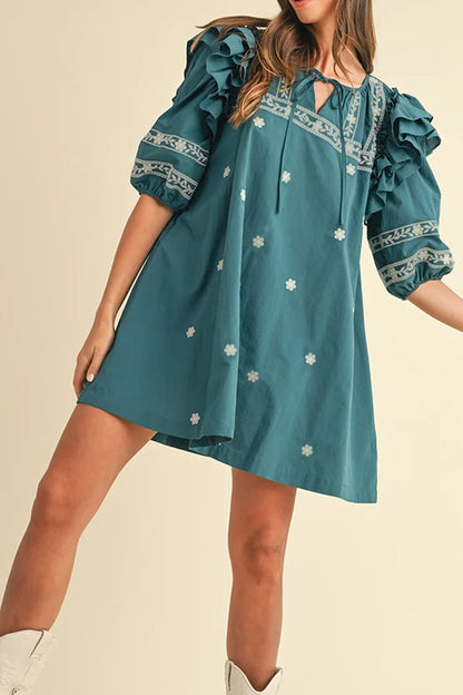 Floral Ruffle Puff Sleeve Mini Dress – Elegant & Chic