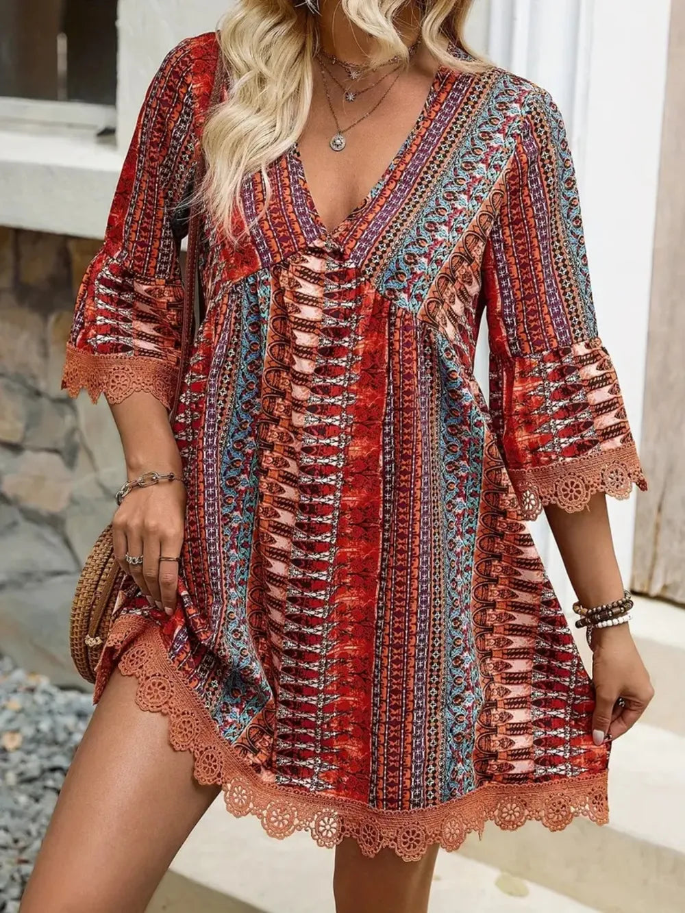 Printed V-Neck Dress with Lace Trim and 3/4 Sleeves
