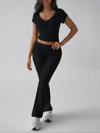 Devine V-Neck Top & Bootcut Leggings Set - Chic & Comfy