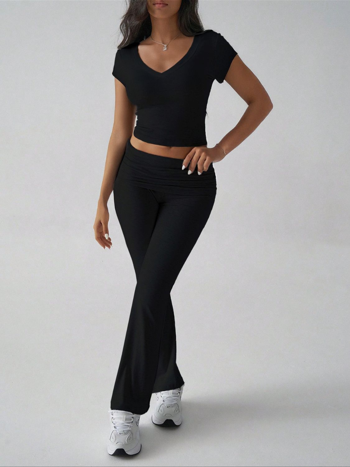 Devine V-Neck Top & Bootcut Leggings Set - Chic & Comfy
