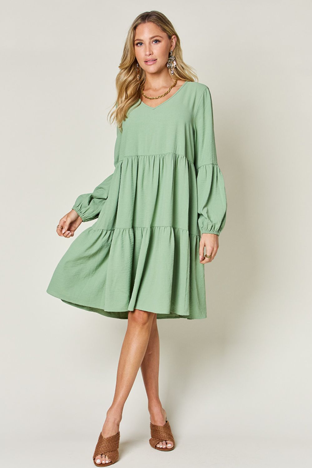 Full Size V-Neck Tiered Balloon Sleeve Dress with Pockets