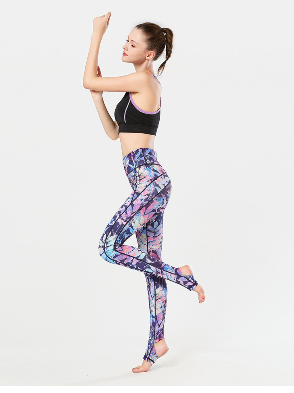 Printed Wide Waistband Active Leggings with Stirrups - High Stretch & Stylish