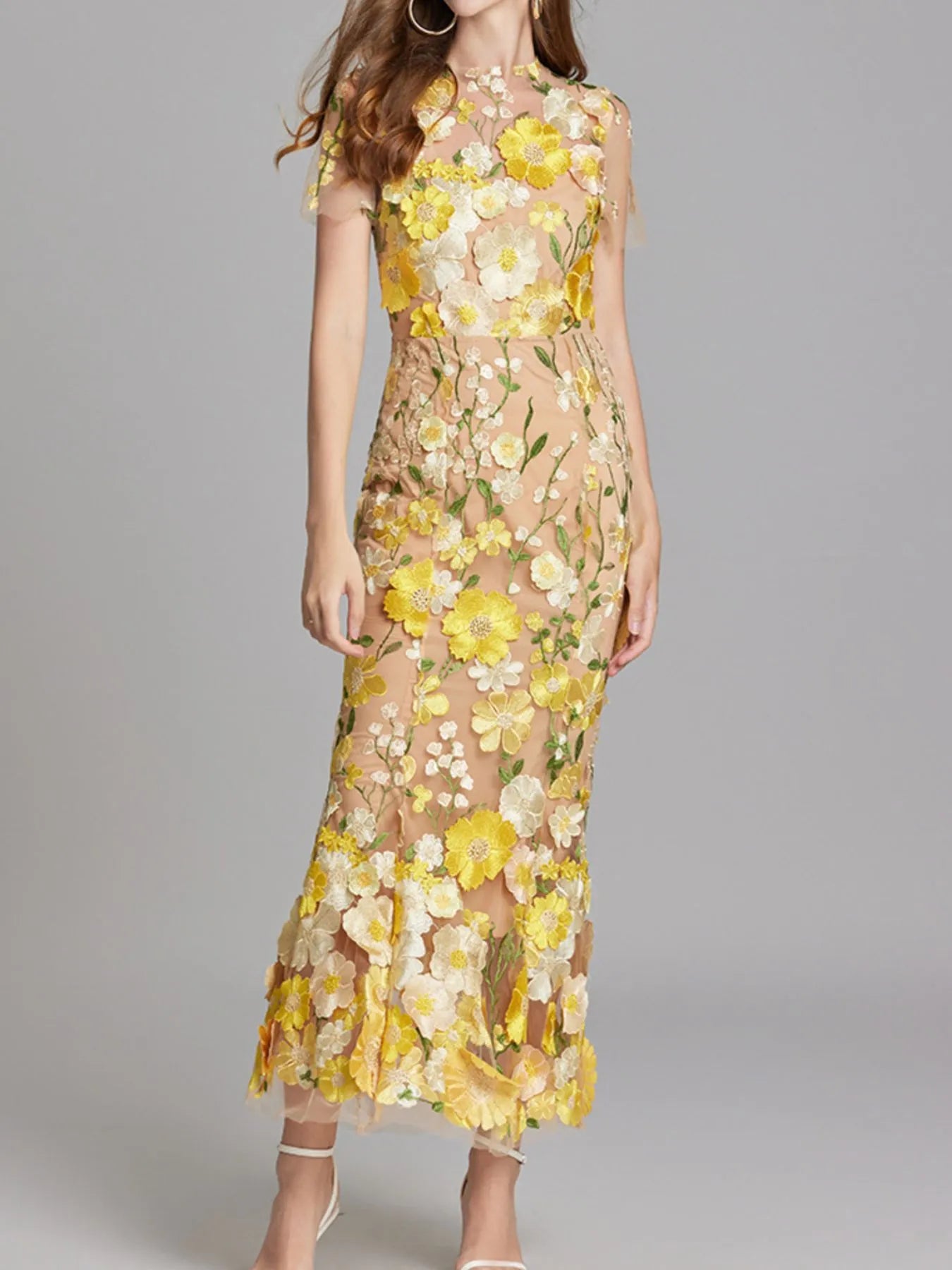 Embroidered Mesh Overlay Maxi Dress – Lined Evening Wear with Zipper Closure