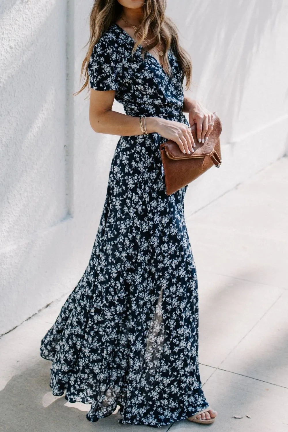 Floral Surplice Dress with Tie Waist and Side Slit