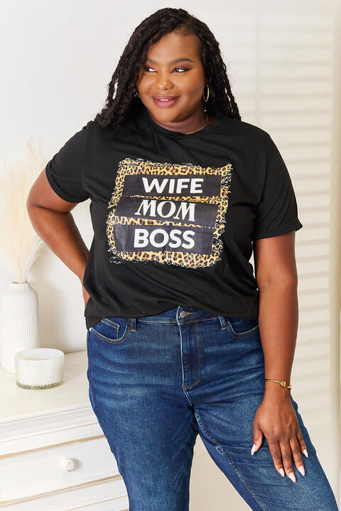 Simply Love WIFE MOM BOSS Leopard Graphic T-Shirt Black