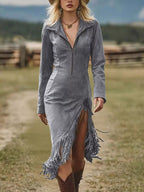 Full-Size Fringe Hem Zip-Front Bodycon Dress