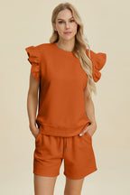 Textured Ruffle Sleeve Top & Shorts Set - Chic & Comfy