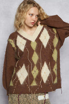 POL Argyle Dreams V‑Neck Mohair Sweater with Contrast Stitch