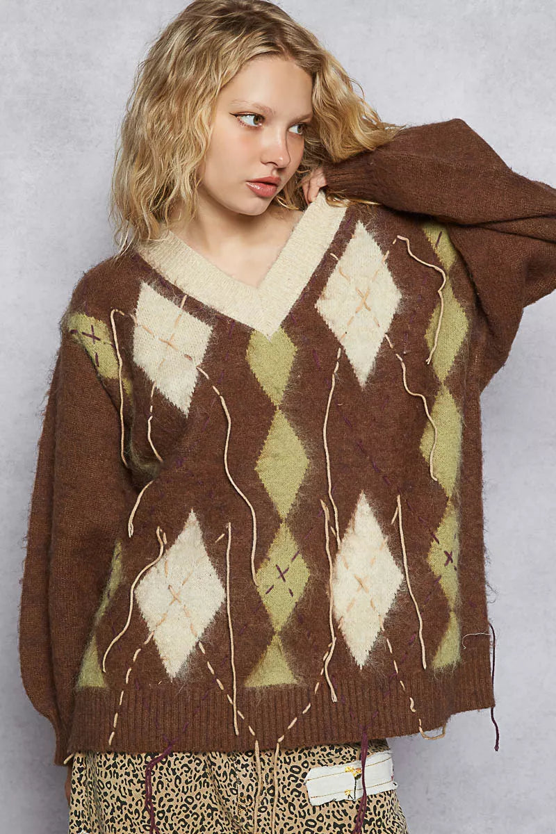 POL Argyle Dreams V‑Neck Mohair Sweater with Contrast Stitch