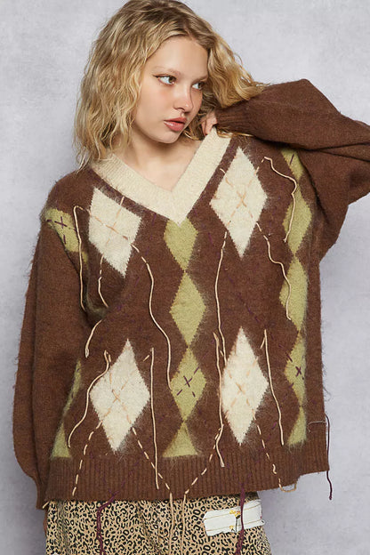 POL Argyle Dreams V‑Neck Mohair Sweater with Contrast Stitch