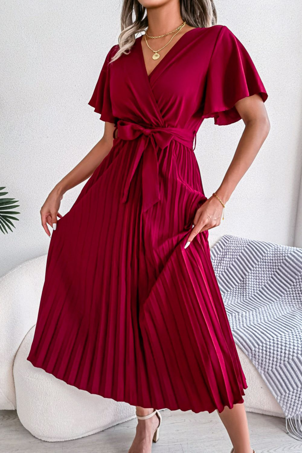 Pleated Flutter Sleeve Midi Dress with Belted Waist Red