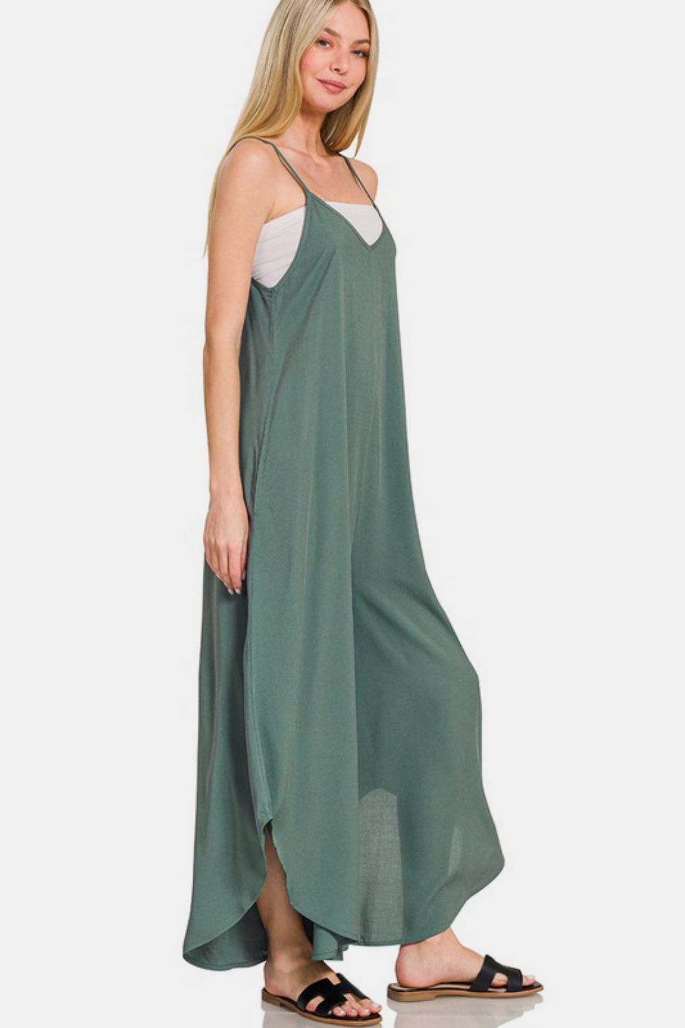 Zenana Wide Leg Sleeveless Overalls with Pockets and Curved Hem