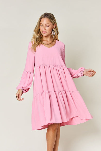 Full Size V-Neck Tiered Balloon Sleeve Dress with Pockets