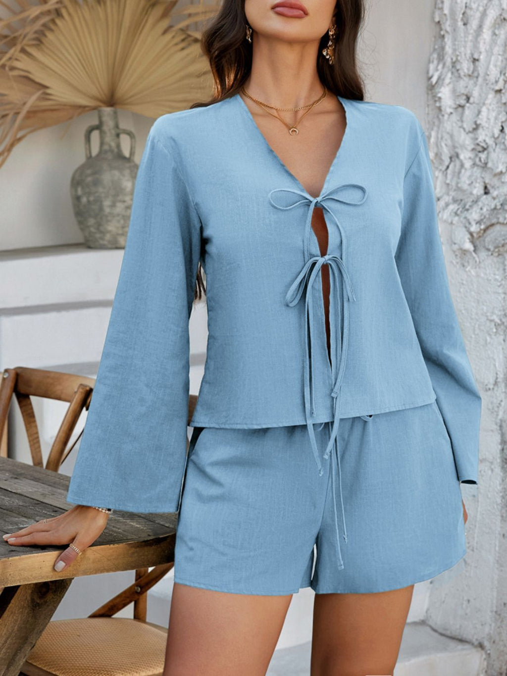 Devine Double Tied V-Neck Top & Shorts Set - Chic & Breathable