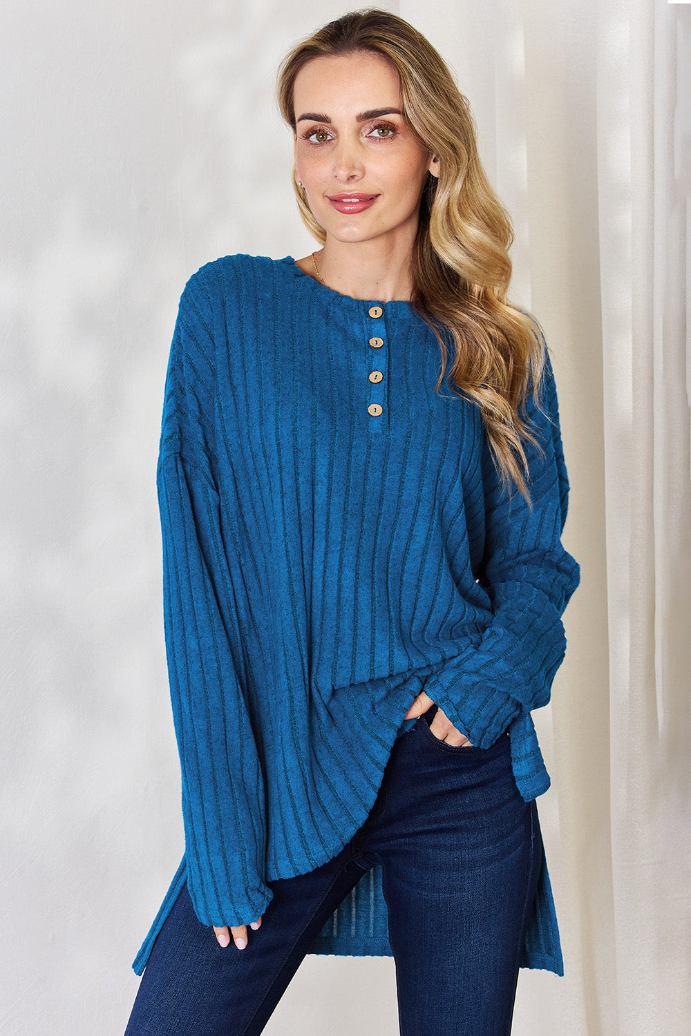 Basic Bae Ribbed Half Button Long Sleeve High-Low T-Shirt Sky Blue