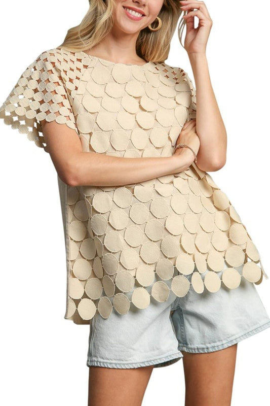 Umgee Full Size Mixed Polka Dot Lace Raglan Sleeve Boxy Cut Top Tan