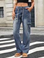 Drawstring Wide-Leg Cargo Jeans