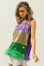 BiBi Mardi Gras Color Block Sequin Top with Faux Feather Hem
