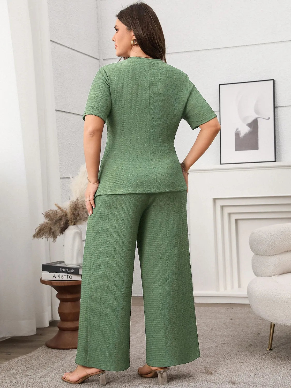 Plus Size Asymmetrical Neck Short Sleeve Top & Pants Set