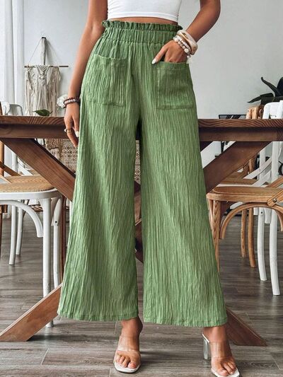 Elastic Waist Wide-Leg Pants with Pockets - Comfy & Chic Green