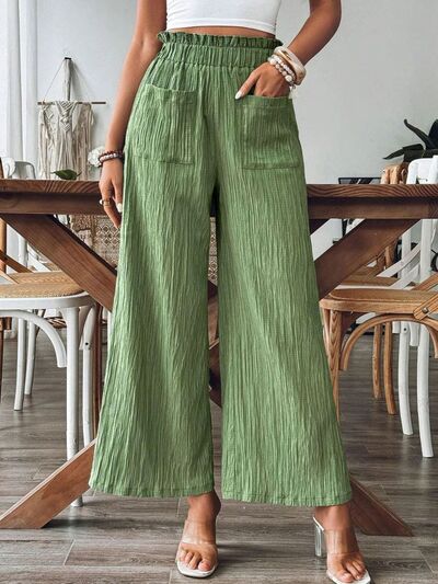 Elastic Waist Wide-Leg Pants with Pockets – Comfy & Chic Green