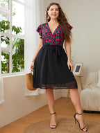 Honey Curve Surplice Floral Belted Dress with Flutter Sleeves
