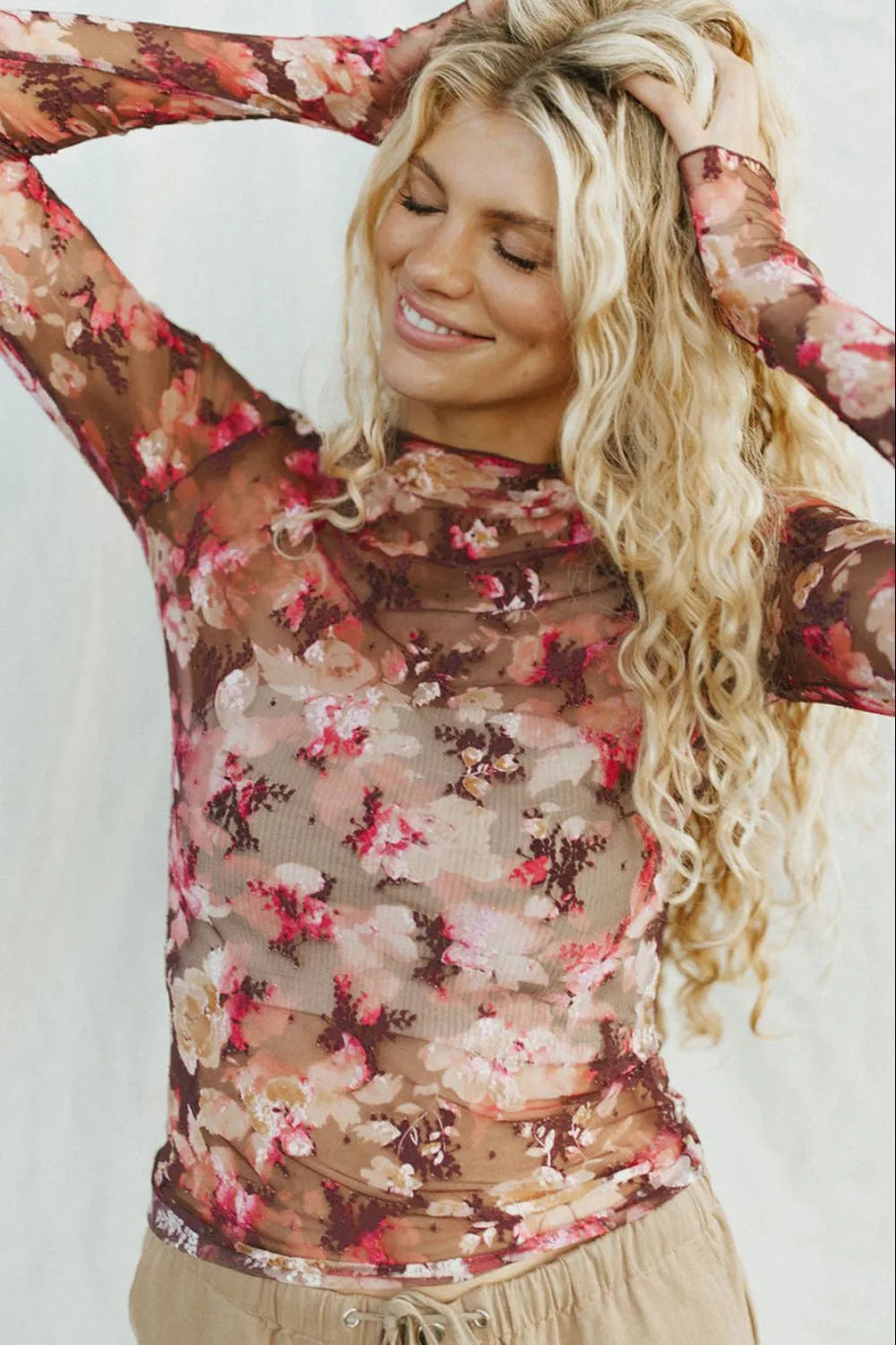 Chic Floral Mock Neck Sheer Long Sleeve Top